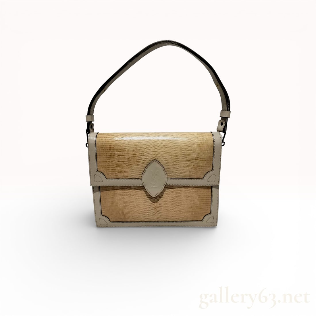 Yves Saint Laurent Vintage Lizard-Textured and Leather Accordion Shoulder Bag: Vintage Yves Saint Laurent accordion-style shoulder bag crafted from taupe leather with lizard-textured panels. The front flap features a leaf-shaped leather tab with an embossed YSL monogram and a ma