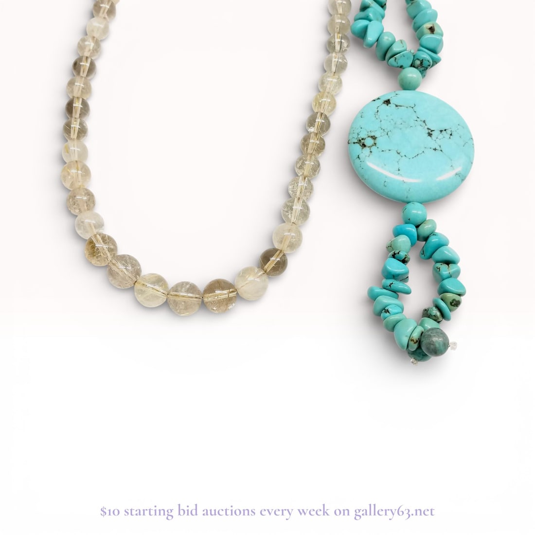 Two Gemstone Bead Necklaces Including Kingman Mine Turquoise and Rutilated Quartz (1 of 10)