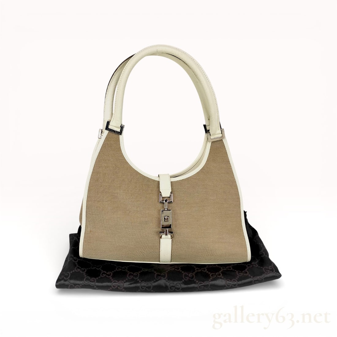 Gucci Piston Lock Bardot Canvas and Leather Hobo Bag: Gucci Piston Lock Bardot hobo bag featuring a woven tan canvas body with off-white pebbled leather trim and dual rolled handles. The exterior is accented with silver-tone hardware including a signatur