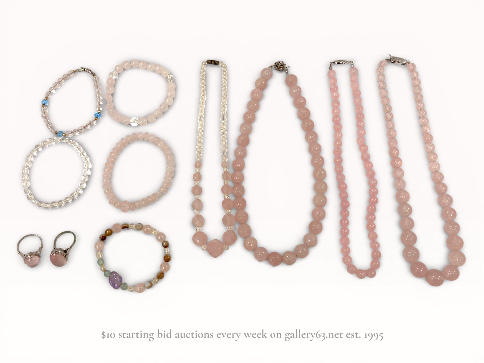 A Ten-Piece Collection of Rose Quartz and Rock Crystal Estate Jewelry: A ten-piece collection of estate jewelry primarily featuring rose quartz and rock crystal beads. The group includes necklaces with graduated and uniform beads featuring barrel screw and fishhook clasp