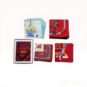 A Group of Five Designer Handkerchiefs including Celine, Missoni, and Feiler
