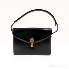 1960s Gucci Vintage Black Calfskin Handbag with Lapis Lazuli G-Clasp