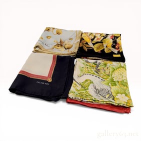 A Lot of Four Designer Silk Scarves including Christian Dior, Celine, and Salvatore Ferragamo