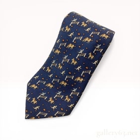 Hermes Navy Blue Silk Equestrian Jumping Horse Motif Necktie Pattern 7932 MA