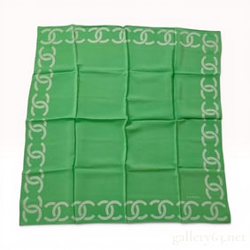 Chanel Vintage Green Silk Square Scarf with Interlocking CC Logo Border