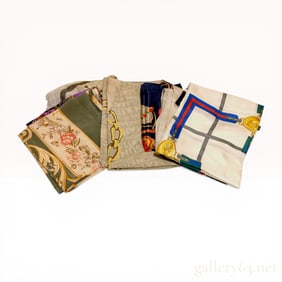 A Collection of Seven Designer Silk and Silk-Blend Scarves including Nina Ricci and Maison Kitsune