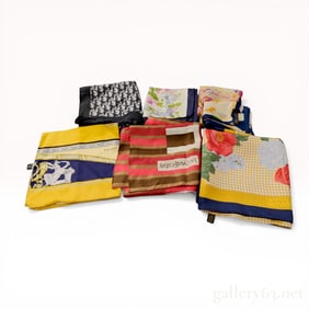 A Collection of Seven Designer Silk Scarves including Christian Dior, Pierre Balmain, and Yves Saint