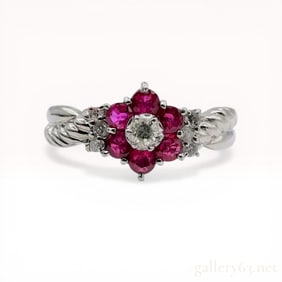 Platinum Ruby and Diamond Floral Cluster Cocktail Ring
