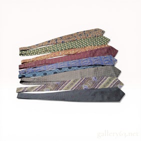Nine Designer Silk Neckties Featuring Salvatore Ferragamo, Burberrys, and Etro