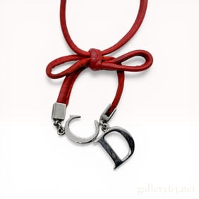 Christian Dior Red Leather Bow and CD Logo Charm Choker Necklace