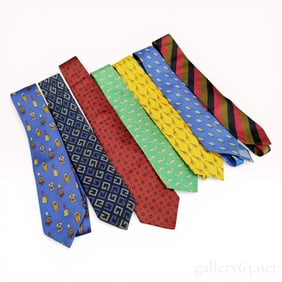 A Collection of Seven Designer Silk Neckties Including Hermes, Chanel, Celine, Givenchy, and Etro