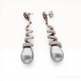 A Pair of Sterling Silver Grey Pearl and Pave Gemstone Spiral Drop Earrings
