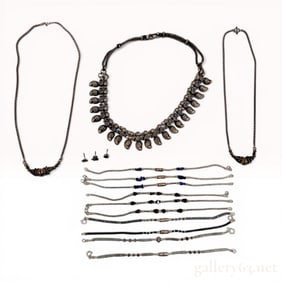 Collection of 13 Sterling Silver Necklaces and 3 Earrings Including a Rajasthani Style Collar