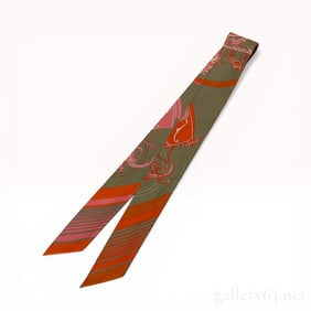 Hermes Ex-Libris Twilly Silk Scarf in Gris Orange Rose