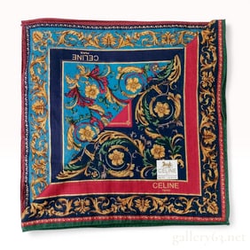 Celine Paris Vintage Cotton Baroque Floral Pattern Pocket Square with Box
