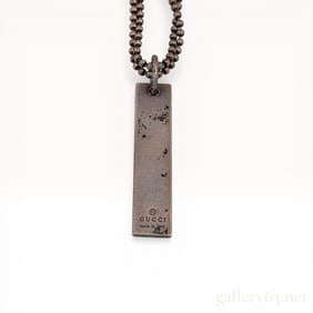 Gucci Sterling Silver Bar Pendant Necklace with Double Ball Chain