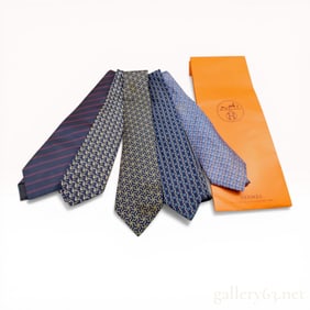 A Lot of Five Hermes Silk Neckties with Presentation Envelope