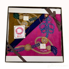 Celine Paris Vintage Cotton Handkerchief with Equestrian Rope Motif and Original Box