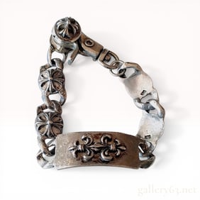 Sterling Silver Gothic Link Plaque Bracelet in the Style of Chrome Hearts