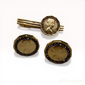 A Trio of Gold-Plated Men's Accessories Featuring British Threepence Coin Motifs