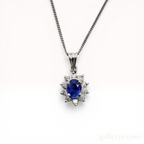 Platinum Blue Sapphire and Diamond Halo Pendant Necklace