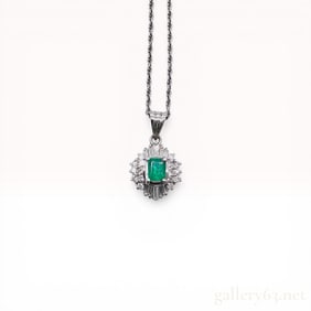 Emerald and Diamond Cluster Pendant Necklace in Platinum