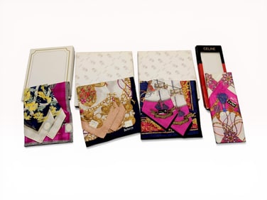 A Collection of Six Vintage Designer Handkerchiefs by Christian Dior, Celine, and Burberrys