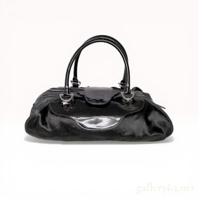 D&G Dolce and Gabbana Black Pony Hair and Patent Leather Satchel Bag