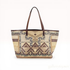 Southwestern Geometric Pattern Coated Canvas Tote Bag with Leather Trim