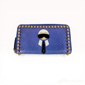Fendi Karlito Studded Blue Python Zip-Around Wallet