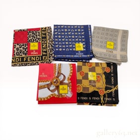 A Set of 5 Fendi Cotton Handkerchiefs in Assorted Logo and Graphic Patterns