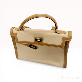Italian Kelly-style Two-tone Canvas and Leather Handbag