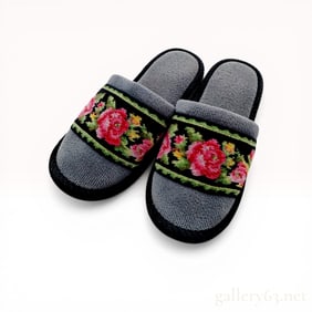 A Pair of Feiler Chenille Floral Slippers, Unworn Condition