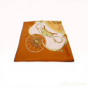 Hermes Springs Silk Twill Scarf by Philippe Ledoux: Hermes silk twill scarf in the Springs pattern, designed by artist Philippe Ledoux. The design features intricate horse-drawn carriage components in gold and brown tones on a cream ground with a