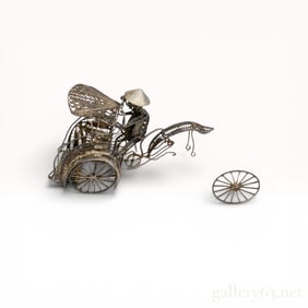 Japanese Fine Silver Filigree Miniature Rickshaw with Driver