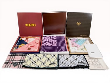 An Assortment of 9 Designer Scarves and Handkerchiefs Including Burberry, Coach, and Kenzo