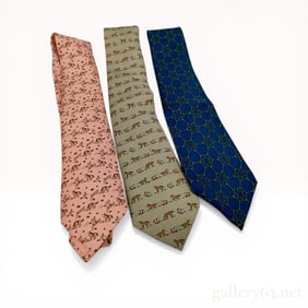 A Trio of Silk Equestrian Theme Neckties Including Hermes