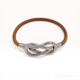 Hermes Atame Brown Leather and Silver-Toned Metal Knot Bracelet