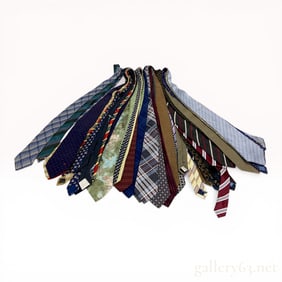 A Collection of Approximately 30 Designer Silk Neckties including Hermes, Burberrys, and Etro
