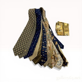 A Collection of Twelve Designer Silk Neckties and a Pocket Square including Hermes, Gucci, and