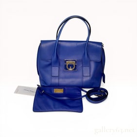 Salvatore Ferragamo Cobalt Blue Calfskin Leather Gancini Flap Top Handle Bag
