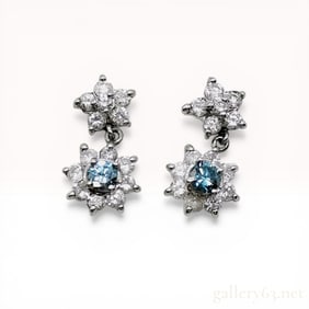 A Pair of Platinum, Diamond, and Blue Diamond Floral Drop Earrings