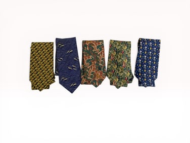 A Group of Five Designer Silk Neckties including Salvatore Ferragamo, Christian Dior Monsieur, and