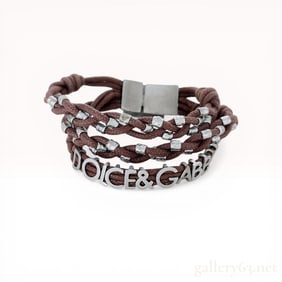 Dolce & Gabbana Sterling Silver and Brown Textile Multi-Strand Bracelet