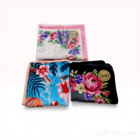 Three Feiler Chenille Cotton Hand Towels with Floral and Tropical Patterns