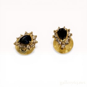 A Pair of 18K Yellow Gold, Sapphire, and Diamond Halo Stud Earrings