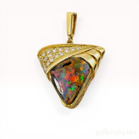 Modernist 18K Yellow Gold Boulder Opal and Diamond Pendant