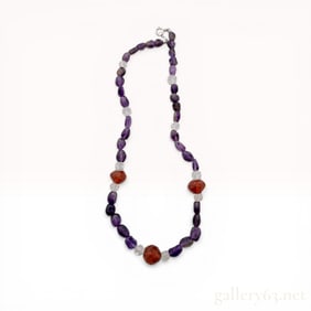 Amethyst and Rock Crystal Beaded Necklace with Sterling Silver Clasp