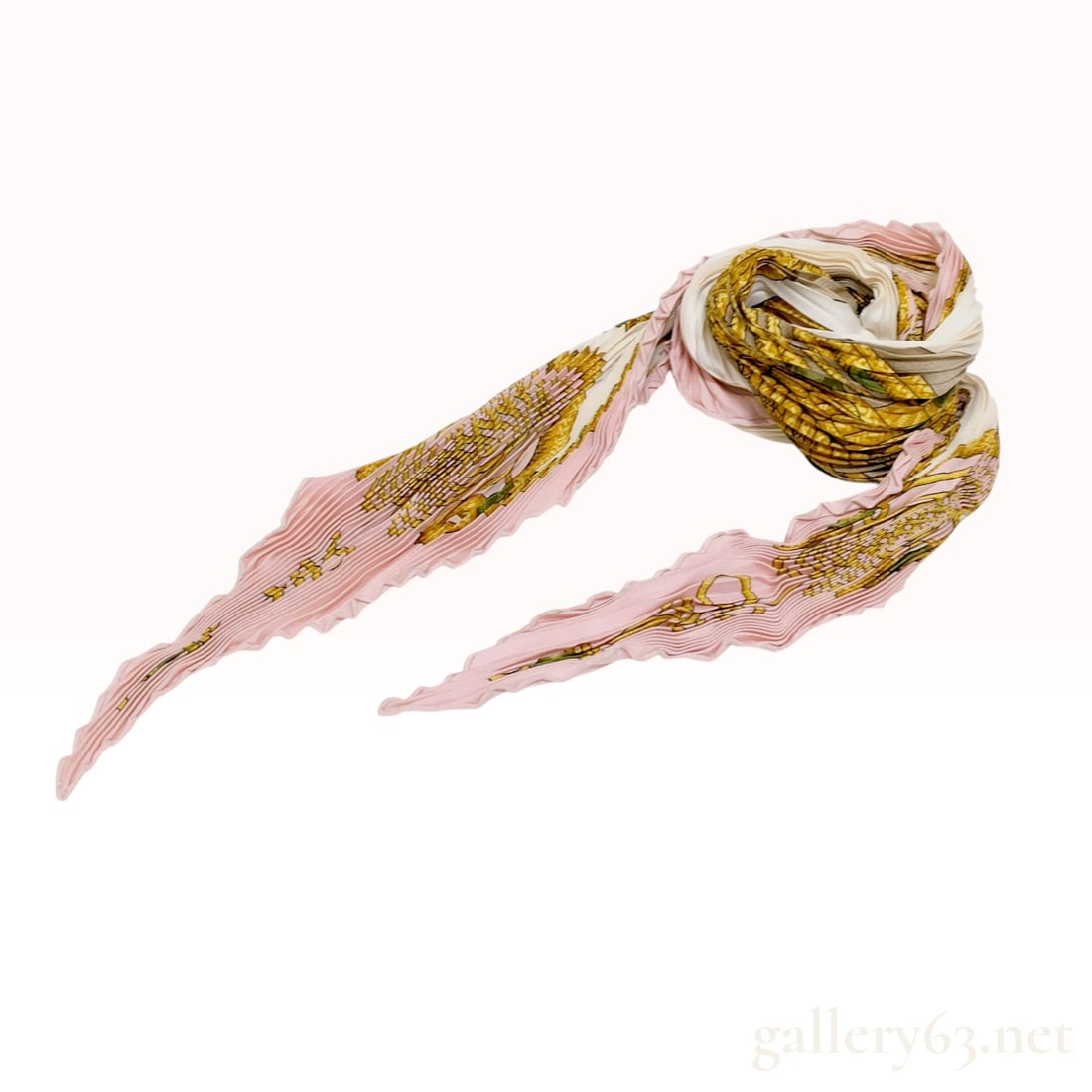 Hermes Plisse Silk Scarf in Brandeburg Pattern: Hermes plisse silk scarf in the Brandeburg pattern, featuring golden-yellow woven lattice motifs on a cream ground with a pink border. Constructed from 100 percent silk with permanent accordion pleati