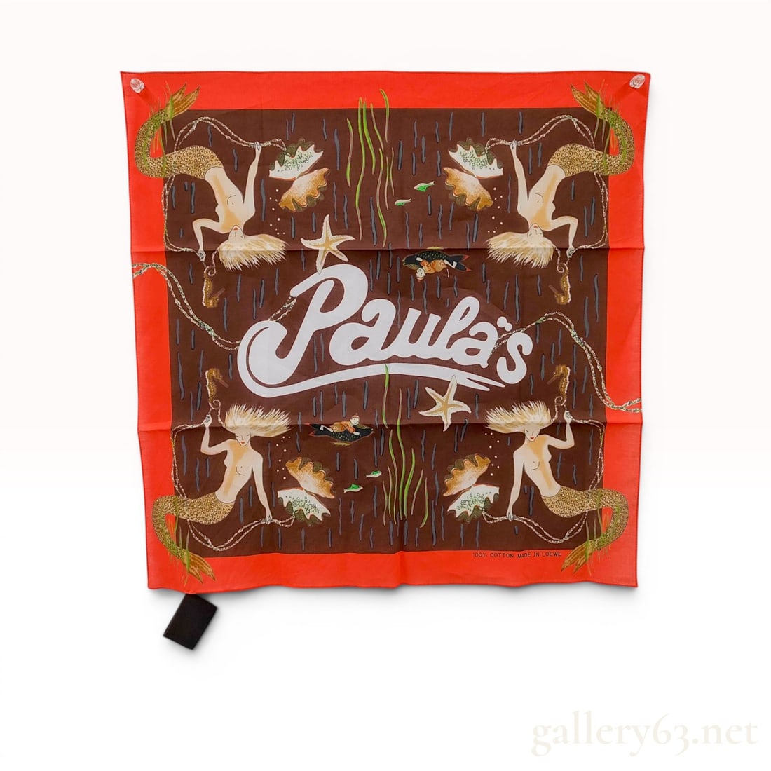 Loewe x Paula's Ibiza Mermaid Print Cotton Bandana: Loewe x Paula's Ibiza cotton bandana featuring a mermaid and aquatic-themed illustration. The design consists of a brown central field with a white script logo surrounded by mermaids, shells, and seah